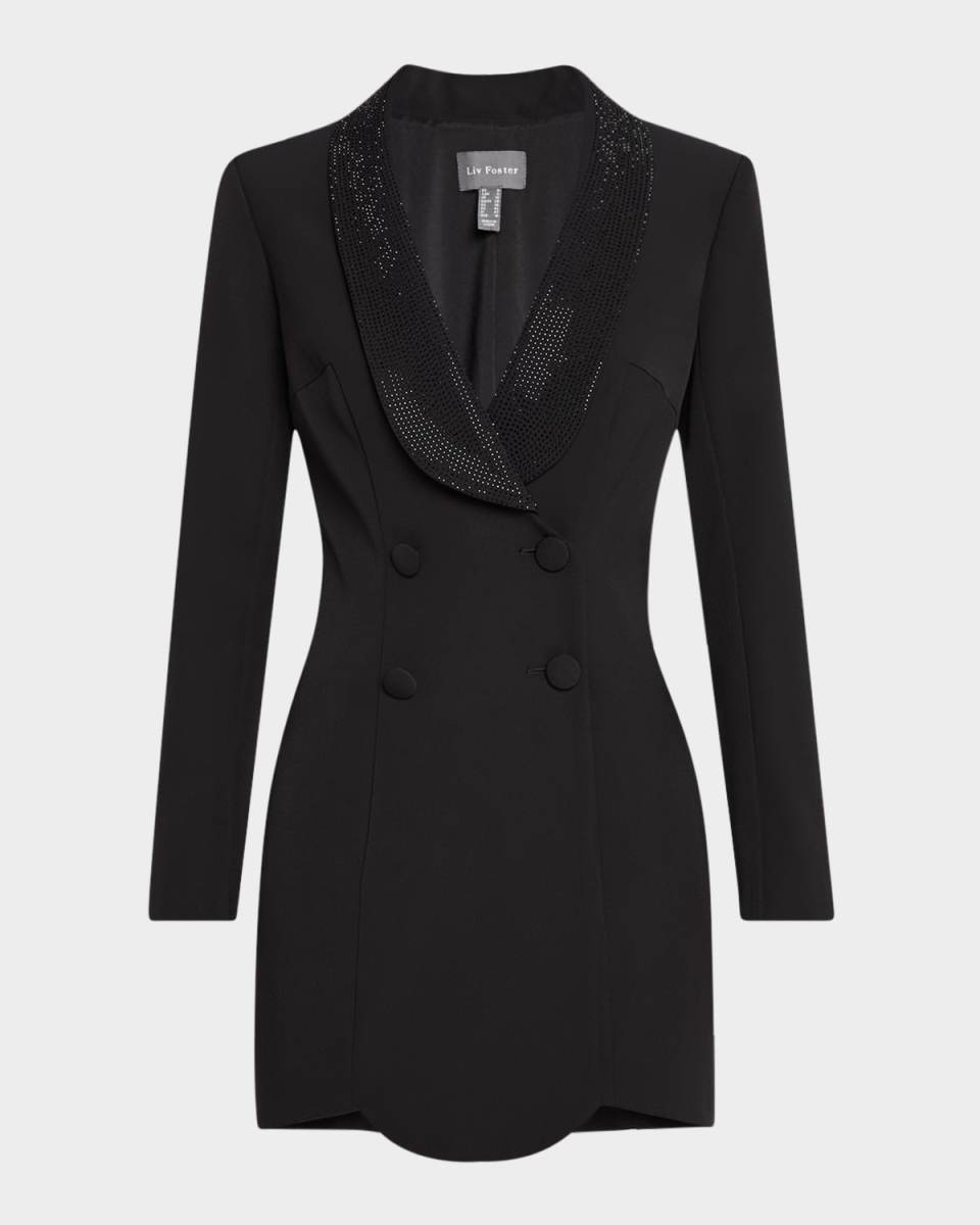 Coco Rhinestone Shawl-Collar Crepe Mini Dress